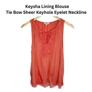 Keysha Blouse Tie Bow Sheer Sleeveless Keyhole Coral Medium